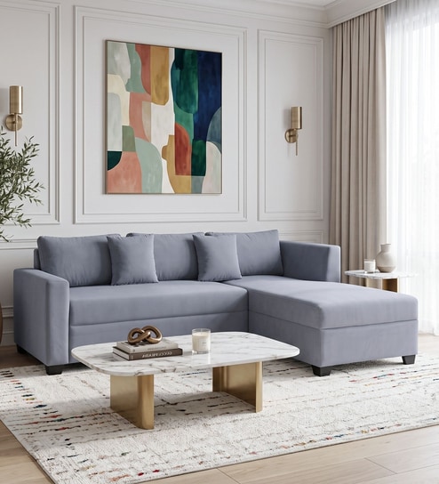 Bingo Velvet LHS Sectional Sofa (2+ Lounger) In Grey Colour