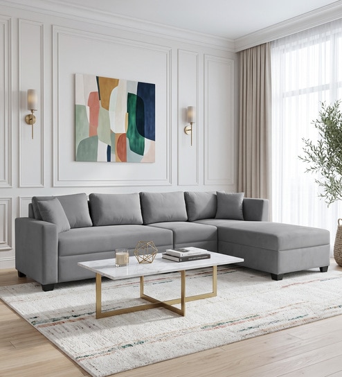 Bingo Velvet LHS Sectional Sofa (3+ Lounger) In Grey Colour