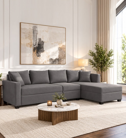 Bingo Velvet LHS Sectional Sofa (3+ Lounger) In Grey Colour