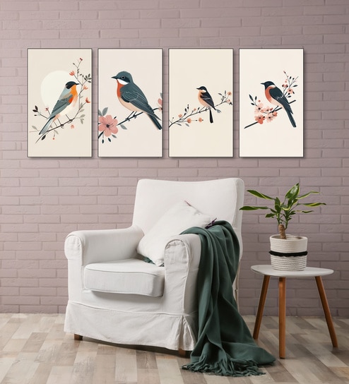 Bird and Floral Canvas Set of 4 Canvas Wall Painting Black Frame