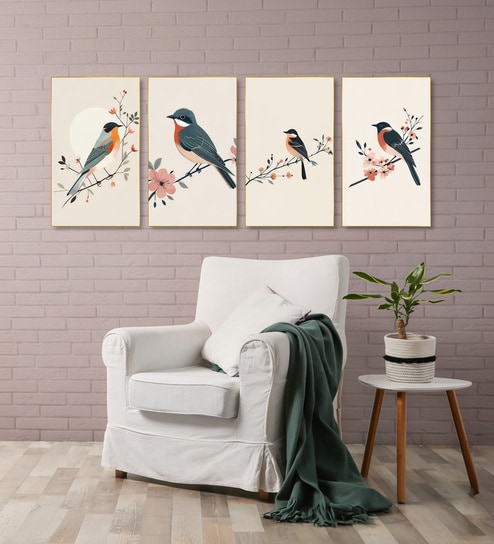Bird and Floral Canvas Set of 4 Canvas Wall Painting Gold Frame