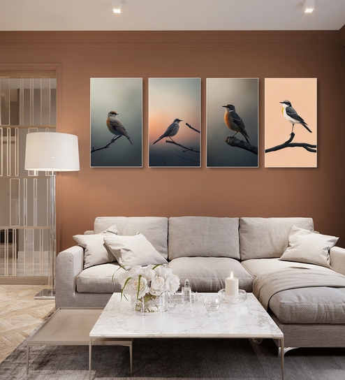 Bird Wall Art Collection Set of 4 Canvas Wall Painting White Frame