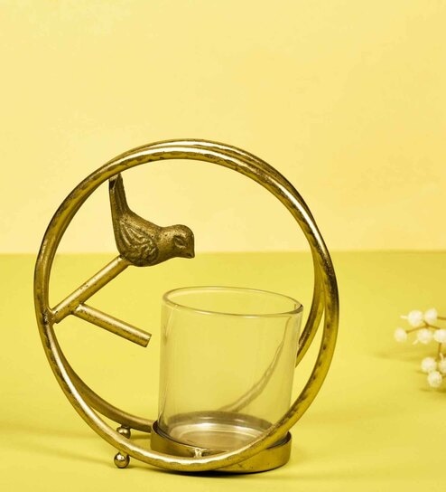 Bird with Ring Gold Aluminium & Glass Votive Candle Holder