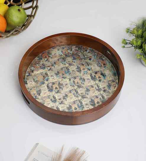 Birdcage Garden Round Wooden Tray   Vintage Floral Pattern- Large (1 Piece)