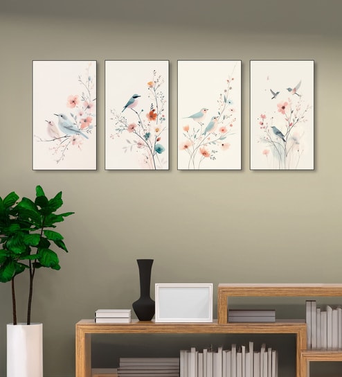 Bird Art Set of 4 Canvas Wall Painting Black Frame