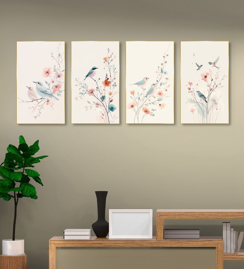 Bird Art Set of 4 Canvas Wall Painting Gold Frame