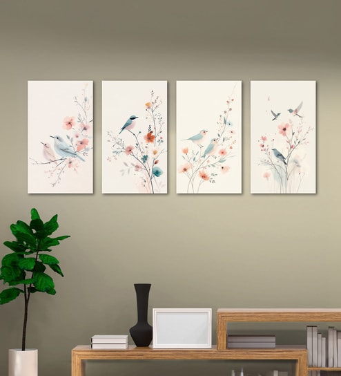 Bird Art Set of 4 Canvas Wall Painting Stretch Canvas Frame