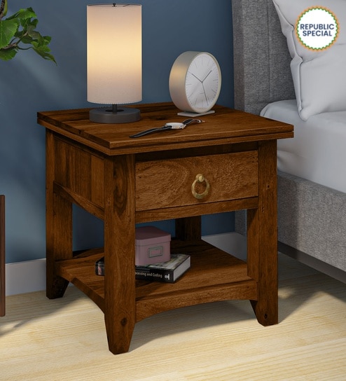 Biscay Sheesham Wood Bedside Table in Scratch Resistant Provincial Teak Finish With Drawer