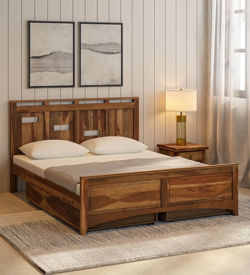 Biscay Sheesham Wood Queen Size Bed in Scratch Resistant Rustic Teak Finish With Drawer Storage