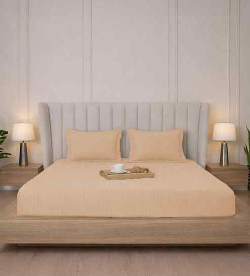 Biscotti Bliss Stripe 300 TC Pure Cotton King Fitted Bedsheet with 2 Pillow Covers