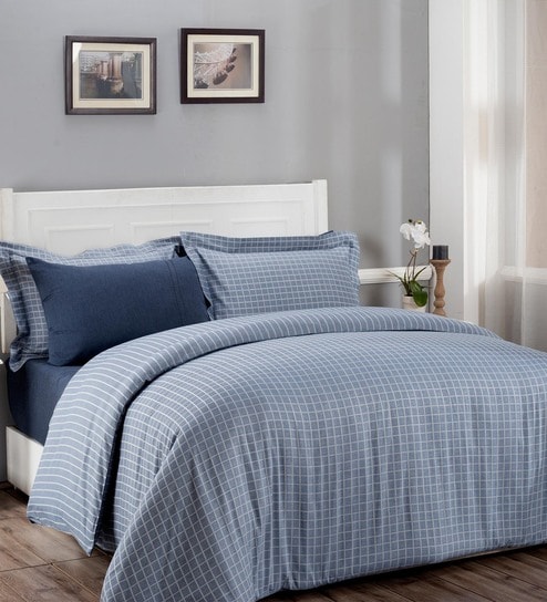 Blue Solid 100% Cotton Double Bed Duvet Cover With 2 Pillow Covers by Maspar