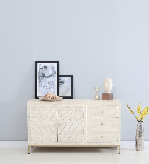 Bizerk Solid Wood Sideboard In Sandblasted White Finish With Drawers