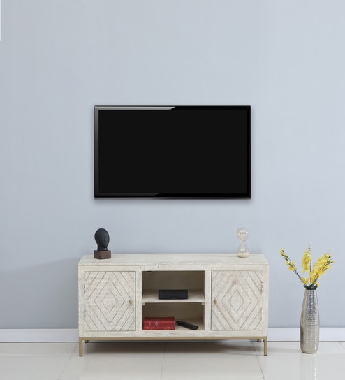 Bizerk Solid Wood TV Console In Sandblasted White Finish
