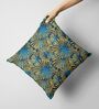 Suzane Teal & Gold Silk Linen Floral Check Reversible Printed Cushion Cover