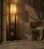 Biped Wooden Shelf Floor Lamp with Jute Shade and Brown Base