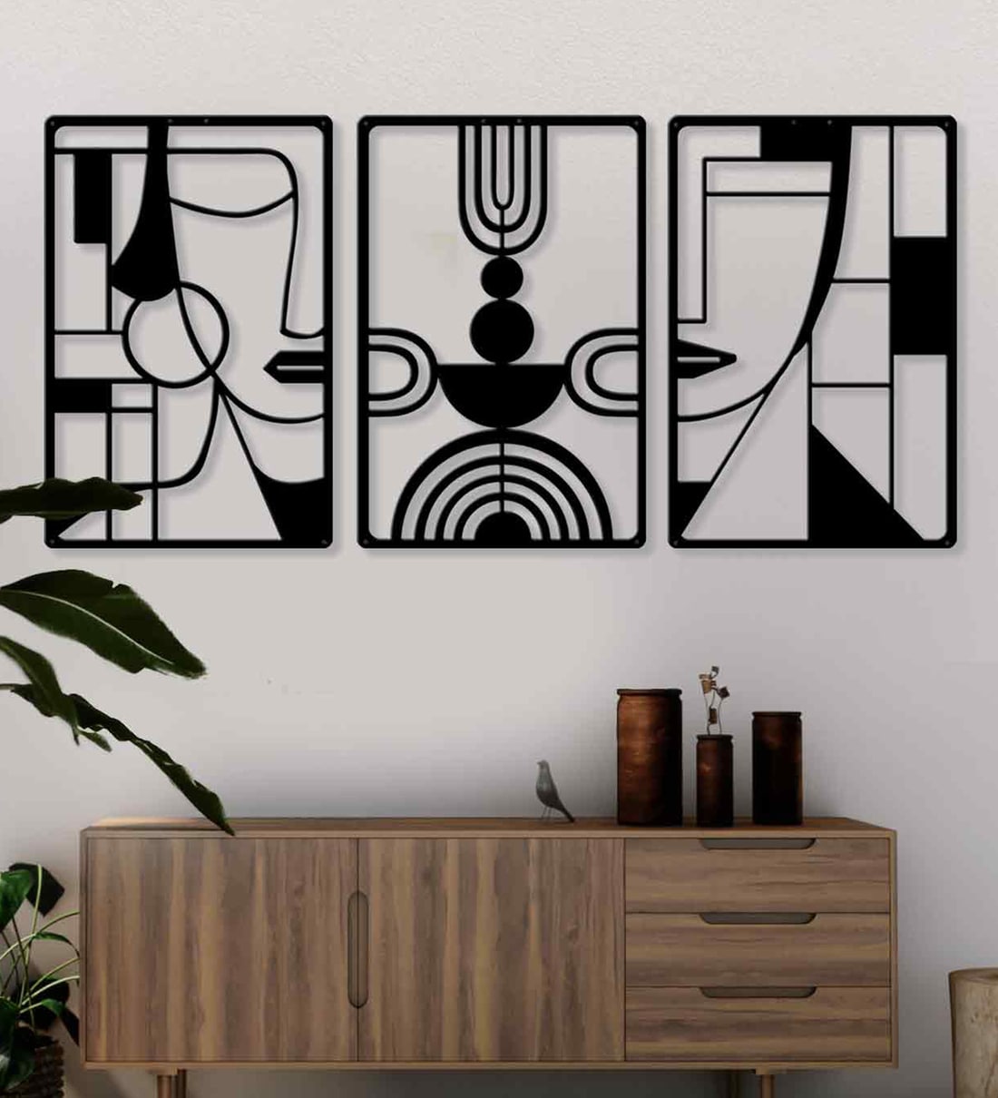 Boho Faces Set of 3 Black Vintage Metal Wall Art
