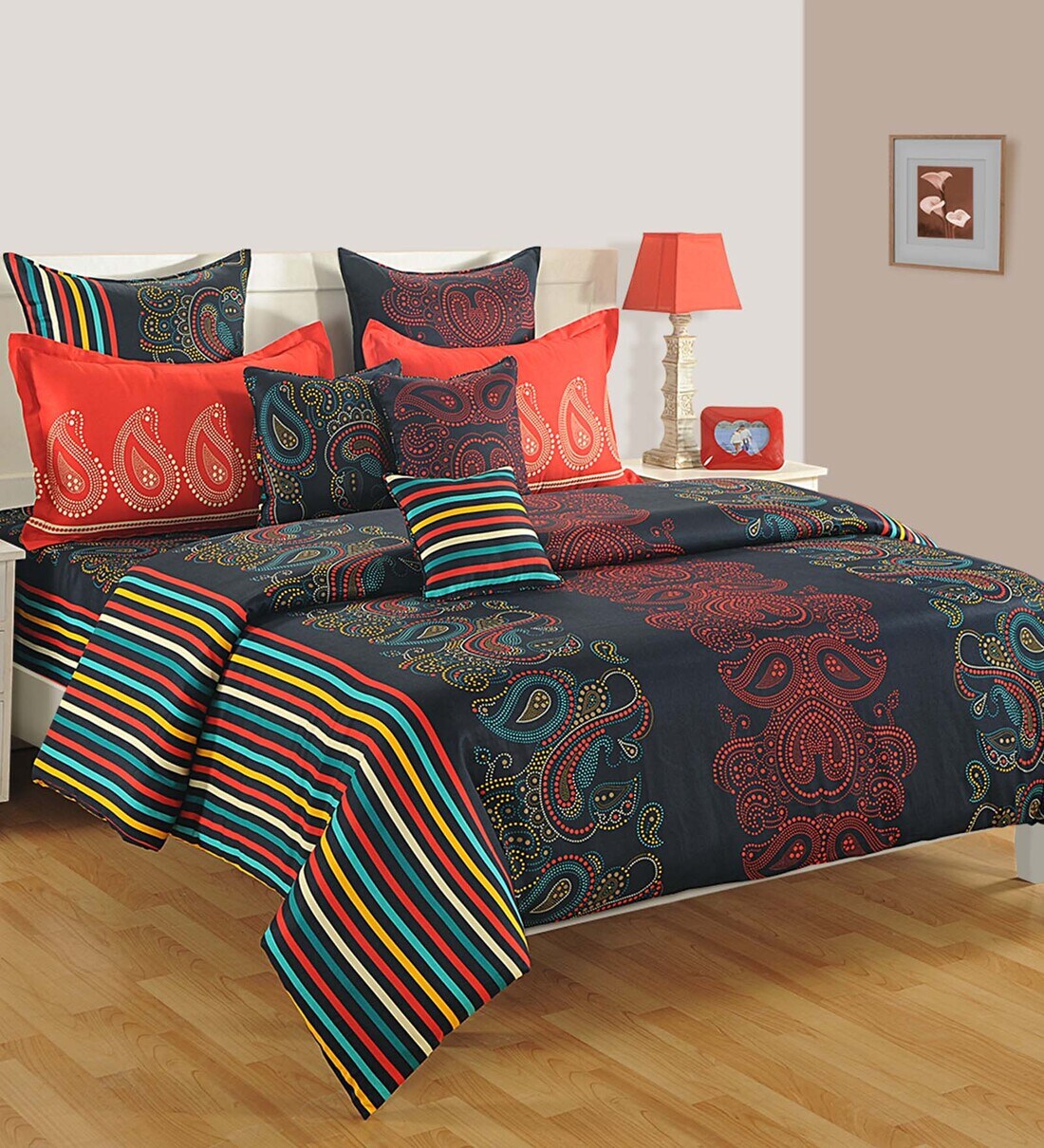 Buy Black Traditional 210 TC Cotton 1 Double Bedsheet with 2 Pillow