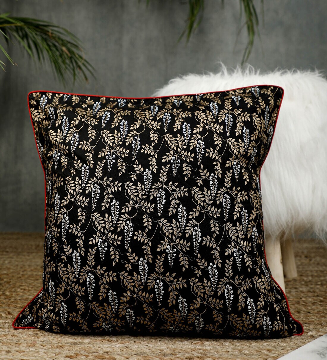 Buy Black Floral Cotton 16 x 16 Inches Cushion Cover by Jaipur Folk at