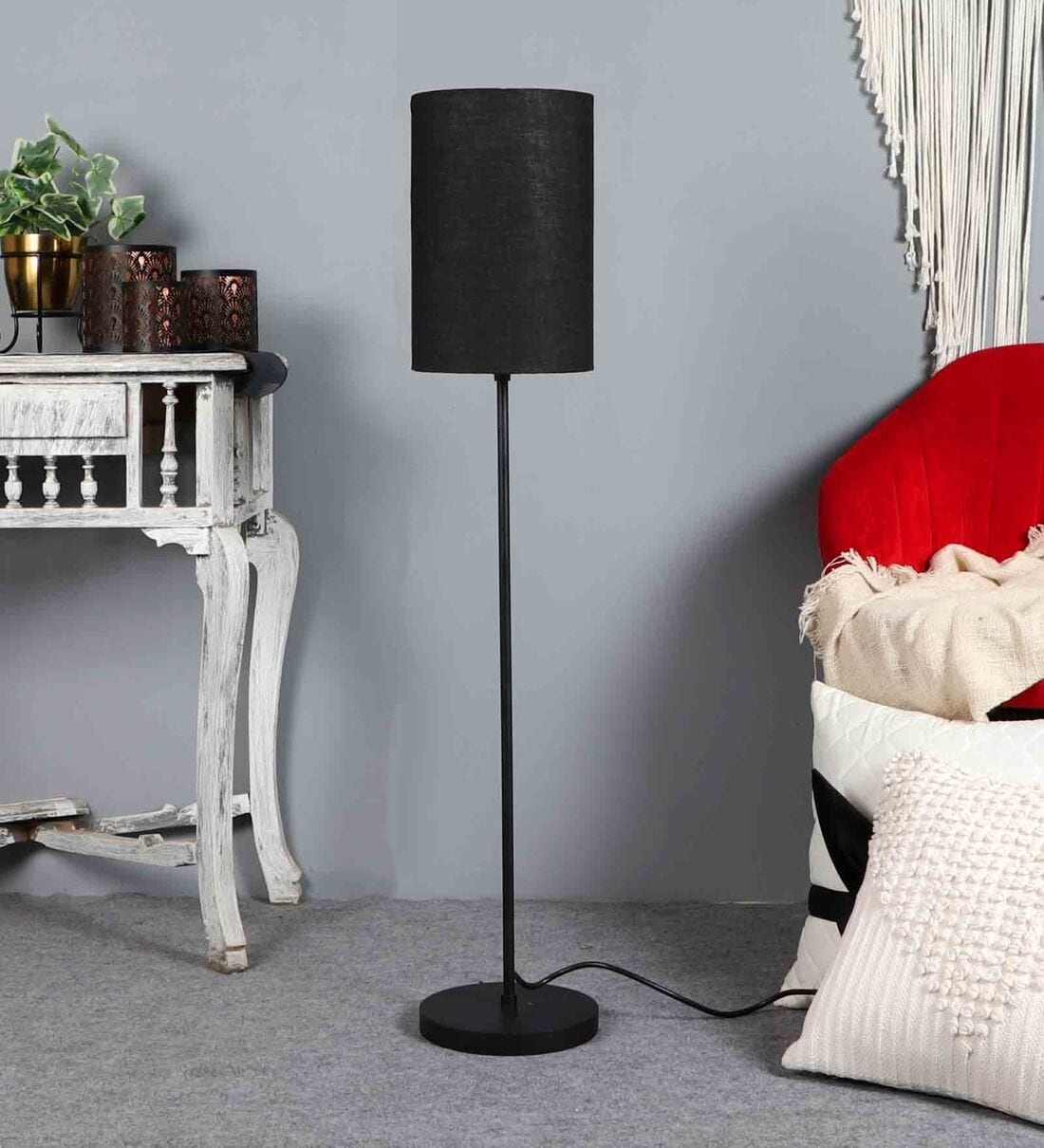 Buy Matteo Black Cotton Shade Club Floor Lamp With MDF Base By Pristine