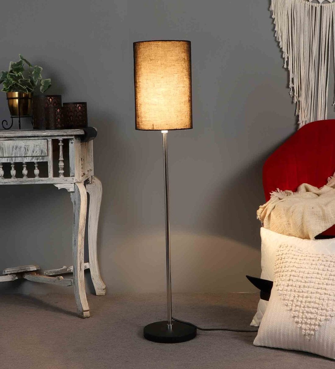 Buy Black Cotton Shade Club Floor Lamp With Black Base By Pristine