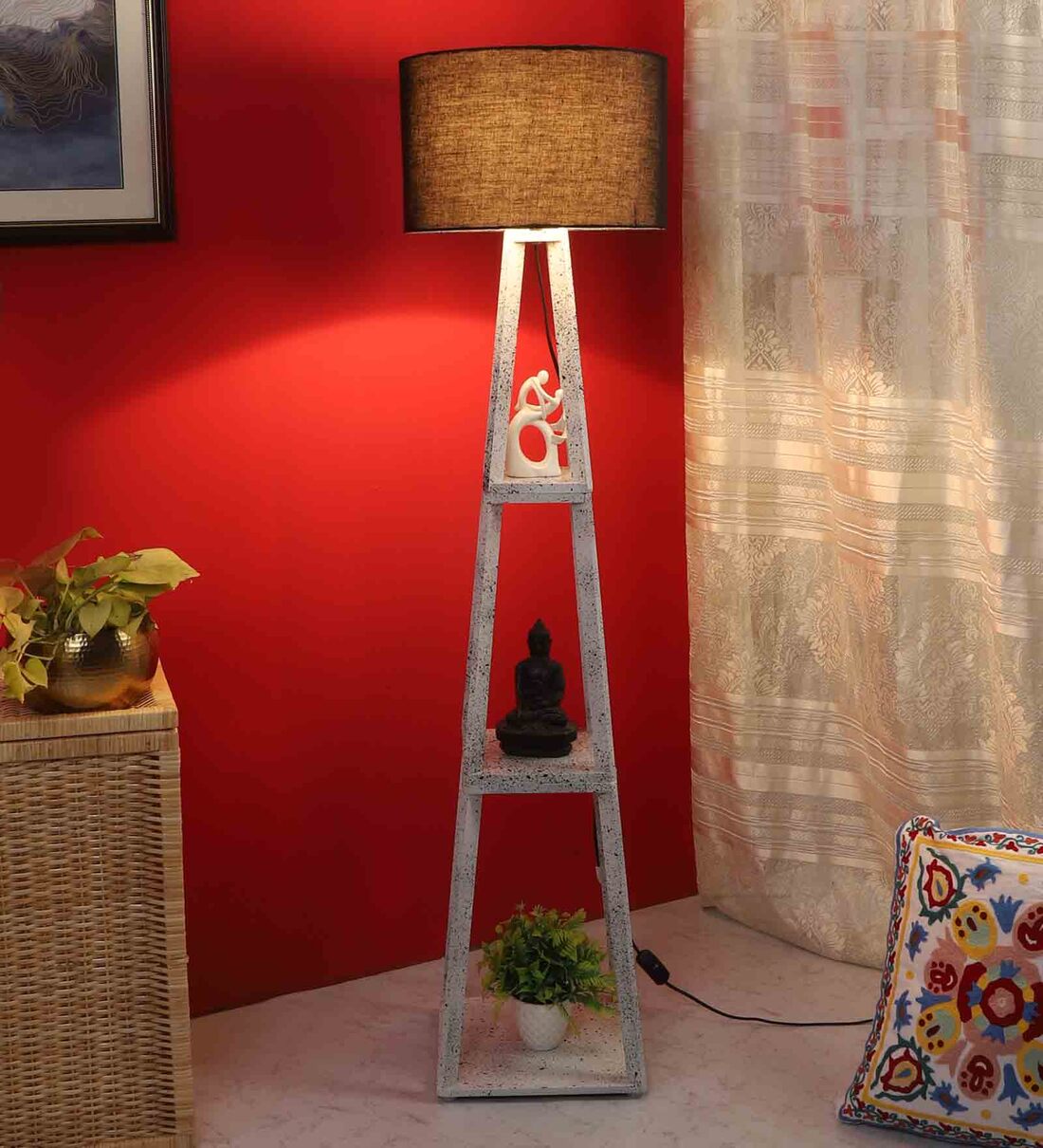 Buy Modern Black Cotton Shade Shelf Floor Lamp With MDF Base By