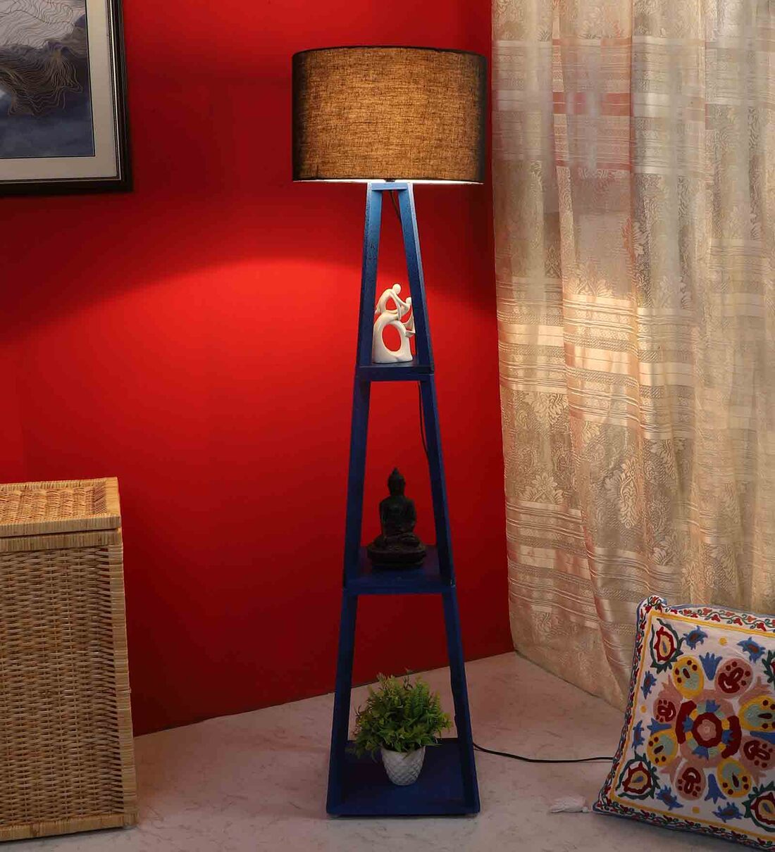 Buy Remi Black Cotton Shade Shelf Floor Lamp With MDF Base By Pristine