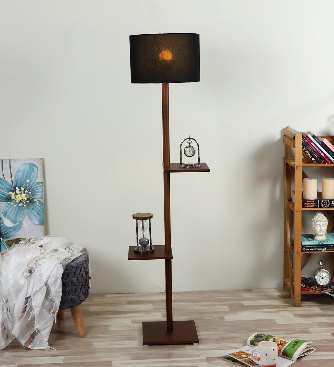 Buy Black Cotton Shade Shelf Floor Lamp with Walnut Base by Pristine