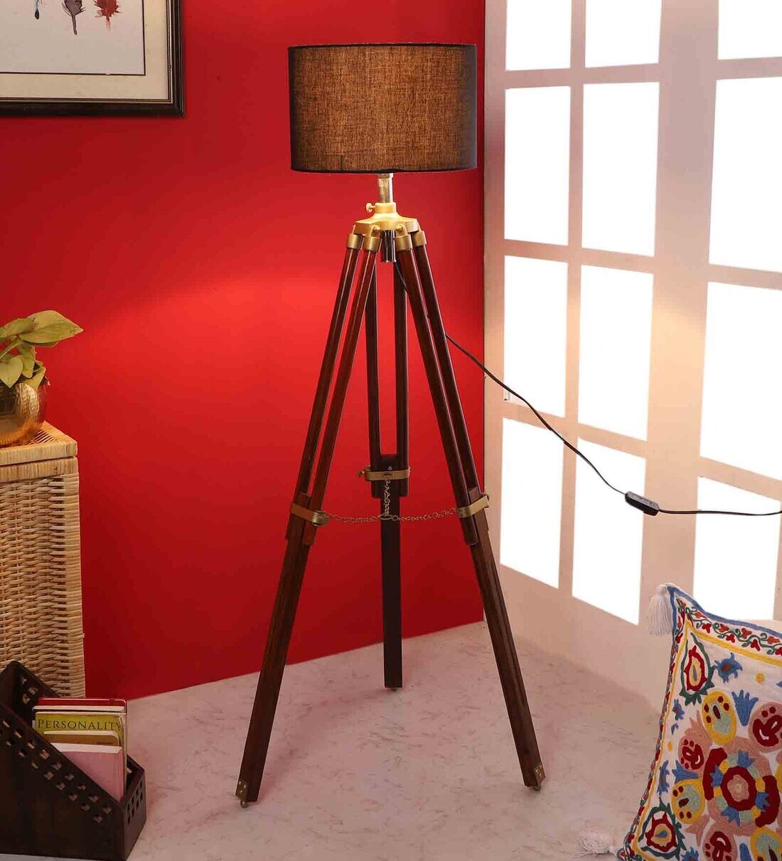 Buy Alper Black Cotton Shade Tripod Floor Lamp With Sheesham Wood Base