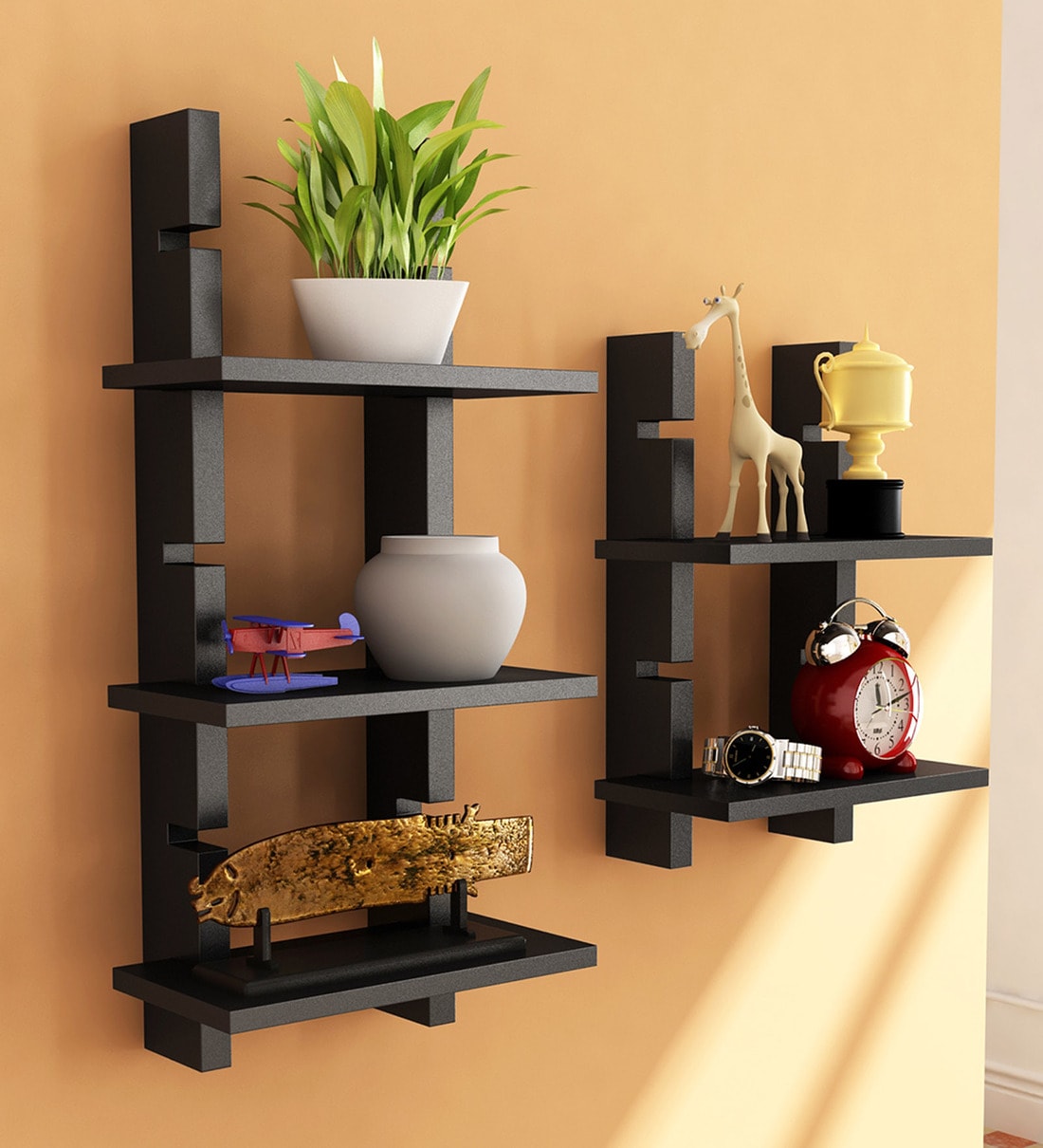 Buy Set of 2 Engineered Wood Ladder Floating Wall Shelf in Black Colour by Home Sparkle Online