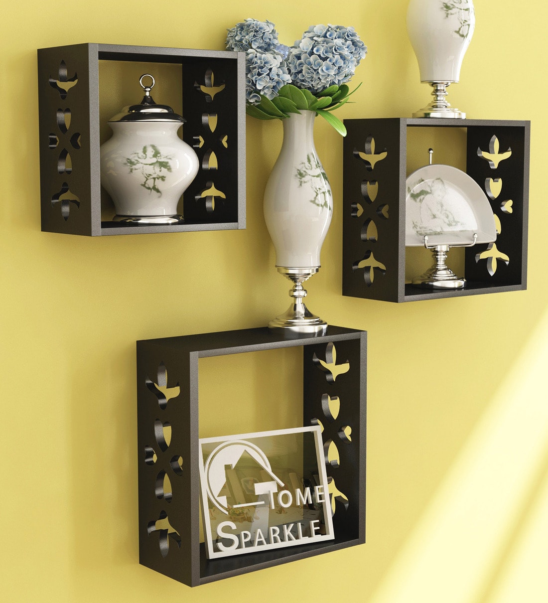 Buy Set of 3 Engineered Wood Cube Wall Shelf in Black Colour by Home