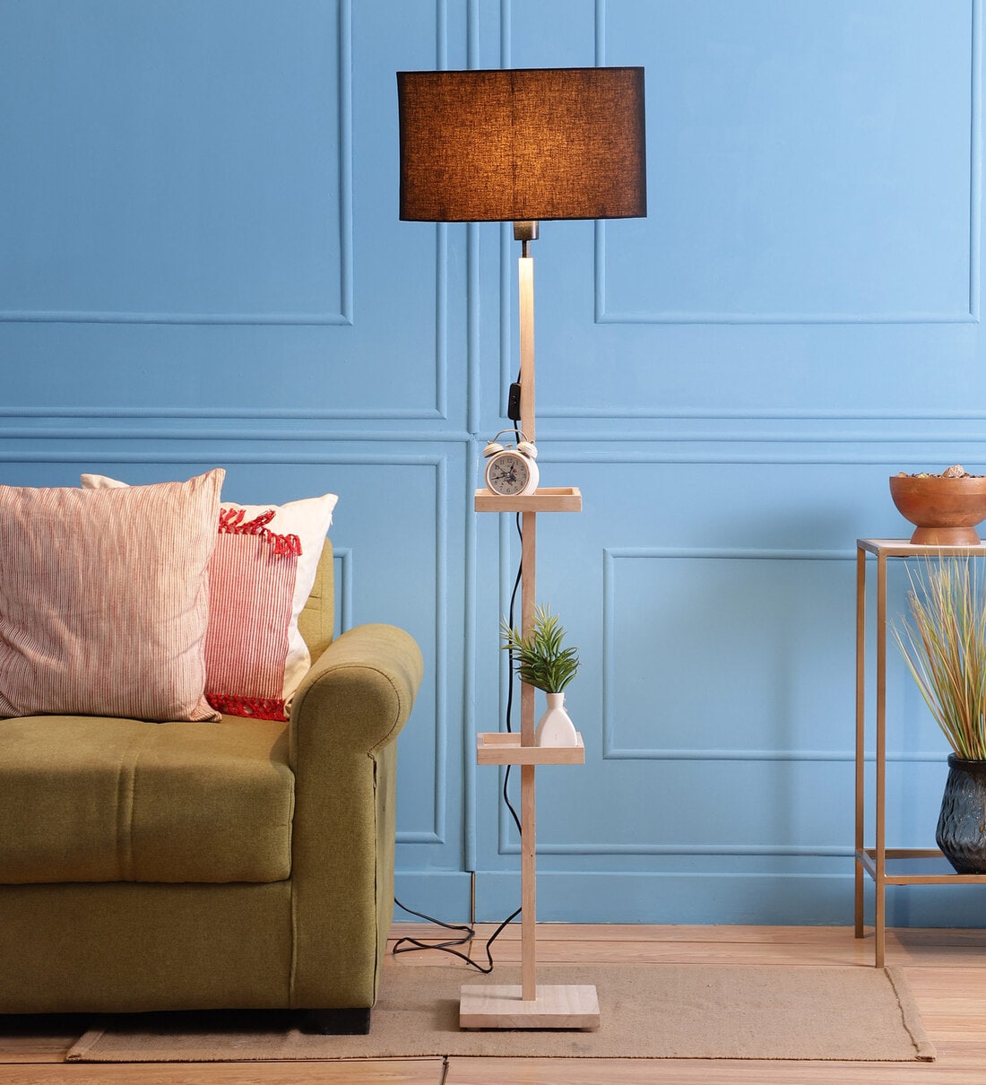 Buy Black Fabric Double Shelf Floor Lamp With Wood Base by Sanded Edge