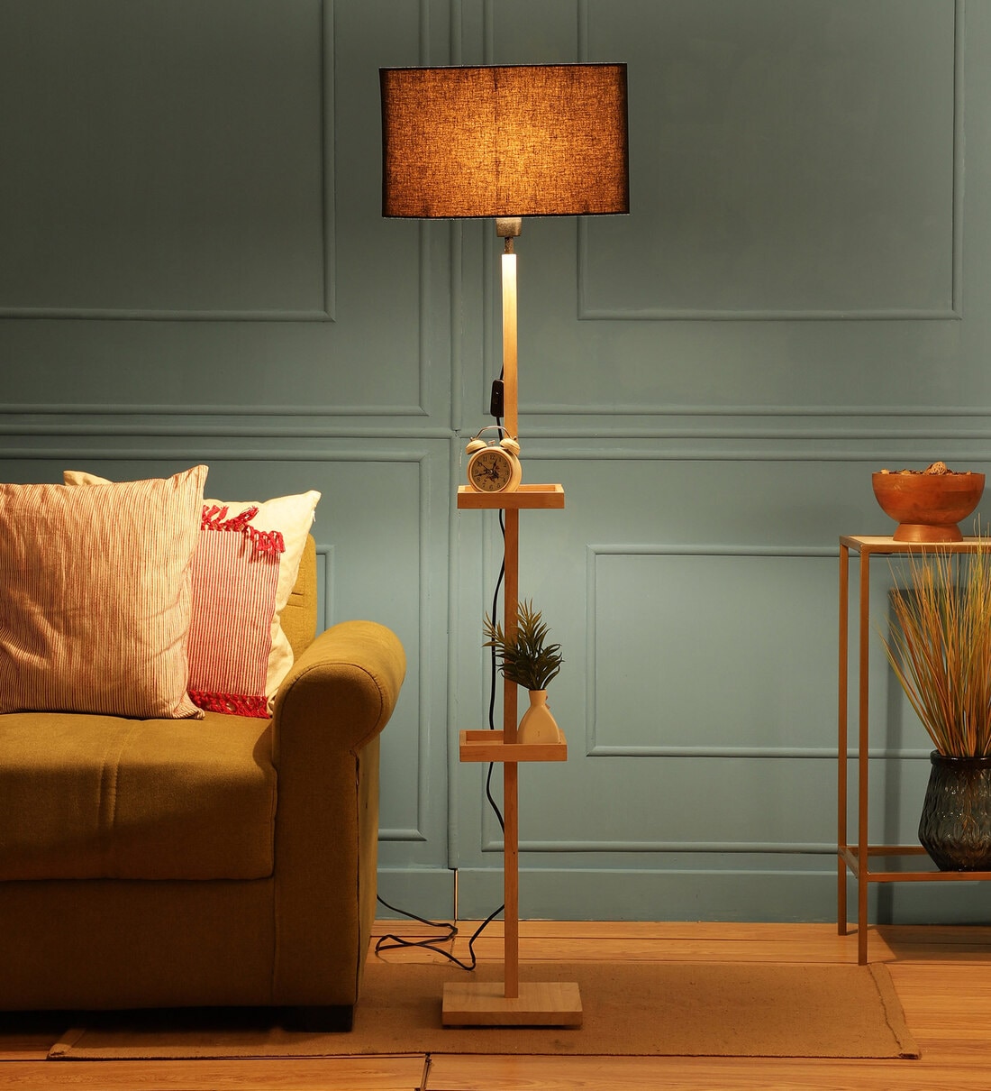 Buy Black Fabric Double Shelf Floor Lamp With Wood Base by Sanded Edge