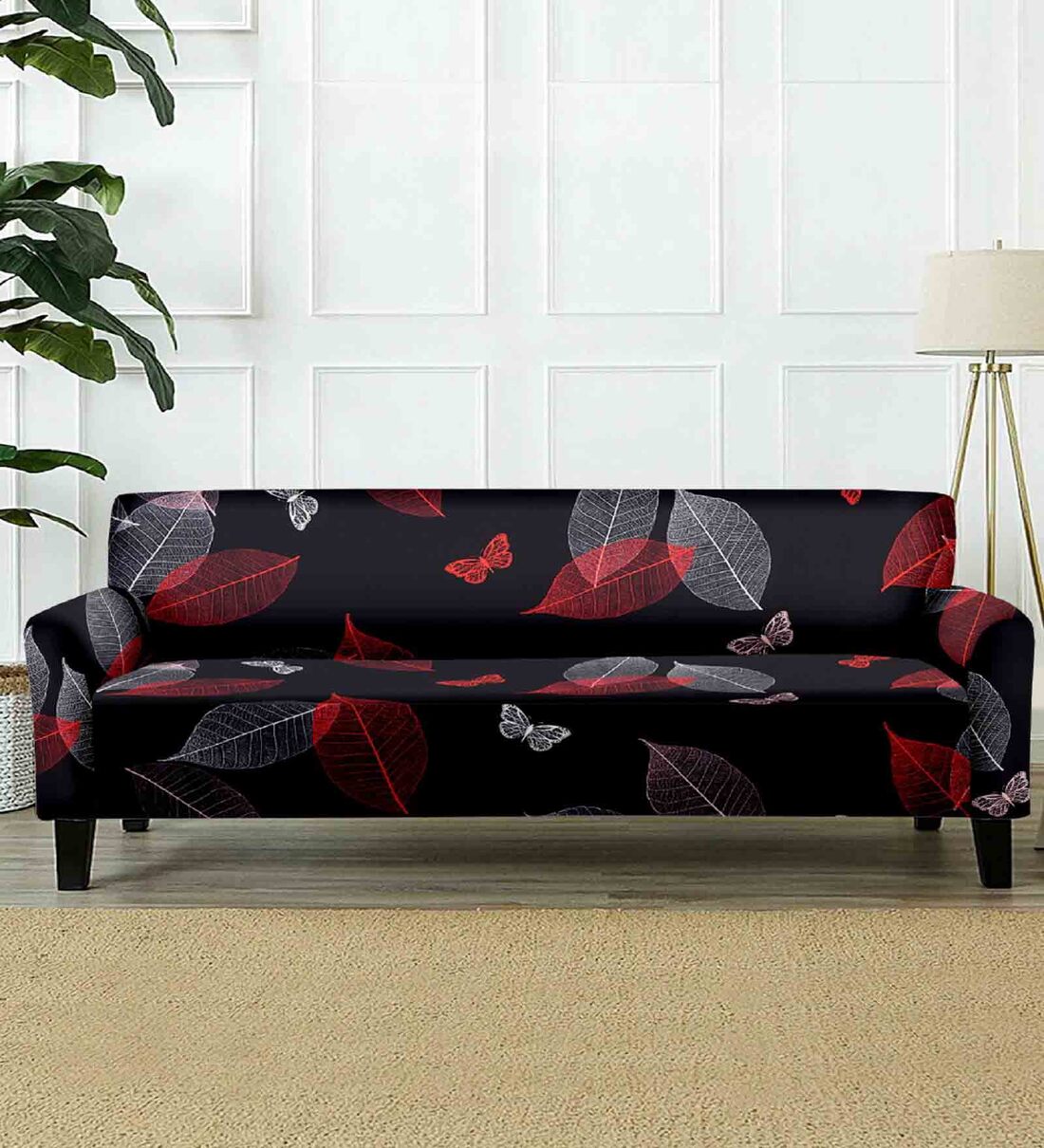 Buy Black Floral Polyester 57x35 Inches 3 Seater Sofa Cover by ...