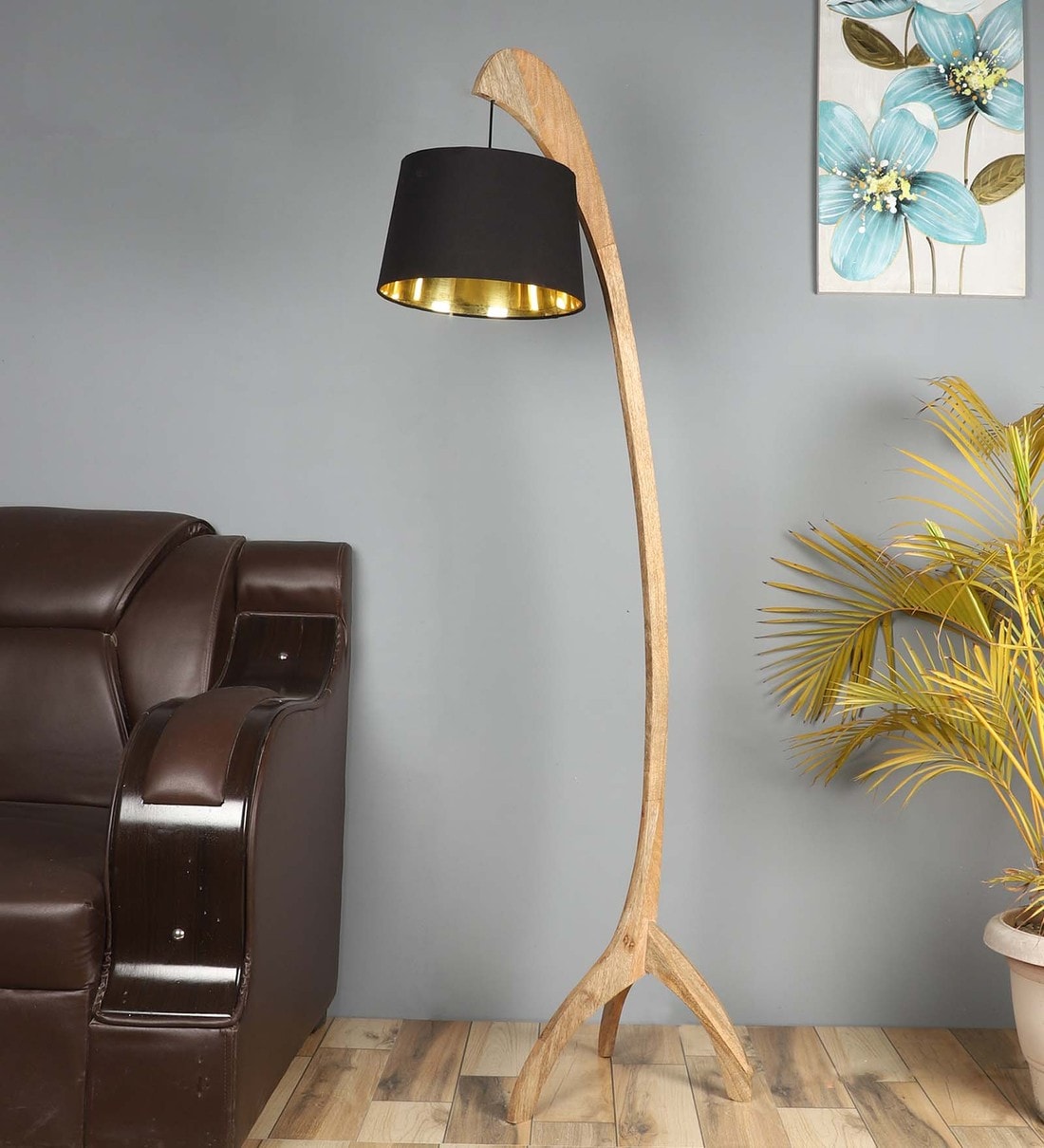 Buy Black Iron & Cloth Shade Floor Lamp With Natural Base By Sapphire ...