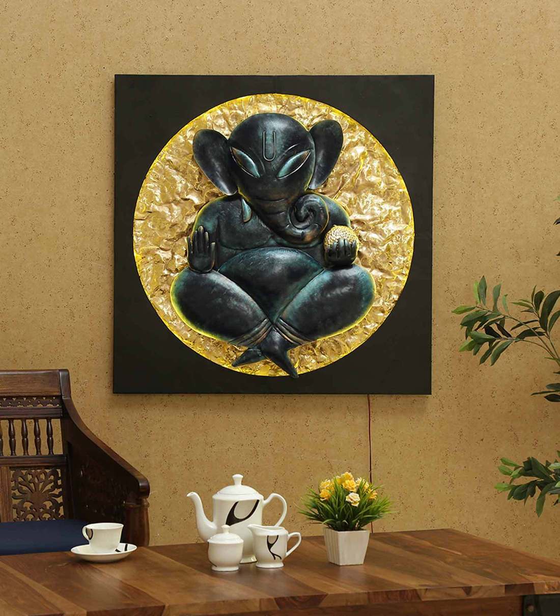 Buy Wrought Iron Lord Ganesha In Black With LED Wall Art By The Shining