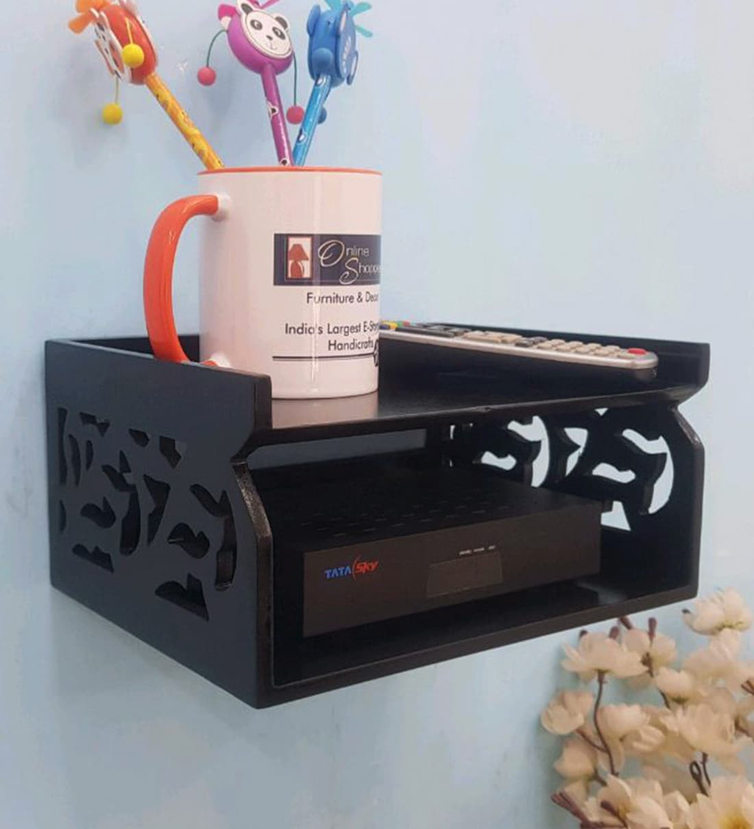 Buy Engineered Wood Wall Mounted Set Top Box Holder in Black Colour by Online