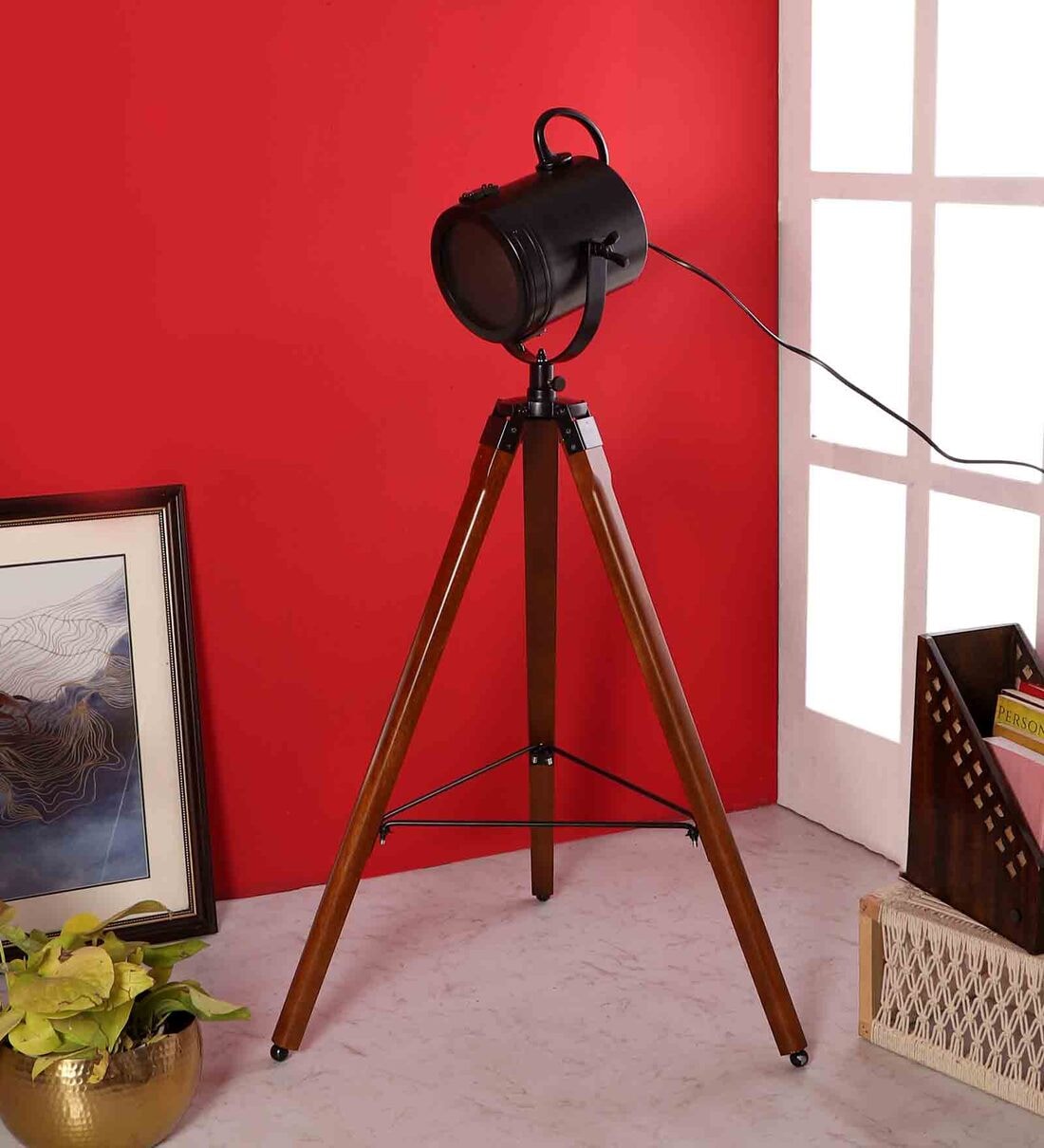 Buy Black Metal Shade Tripod Floor Lamp with Walnut Base by Pristine