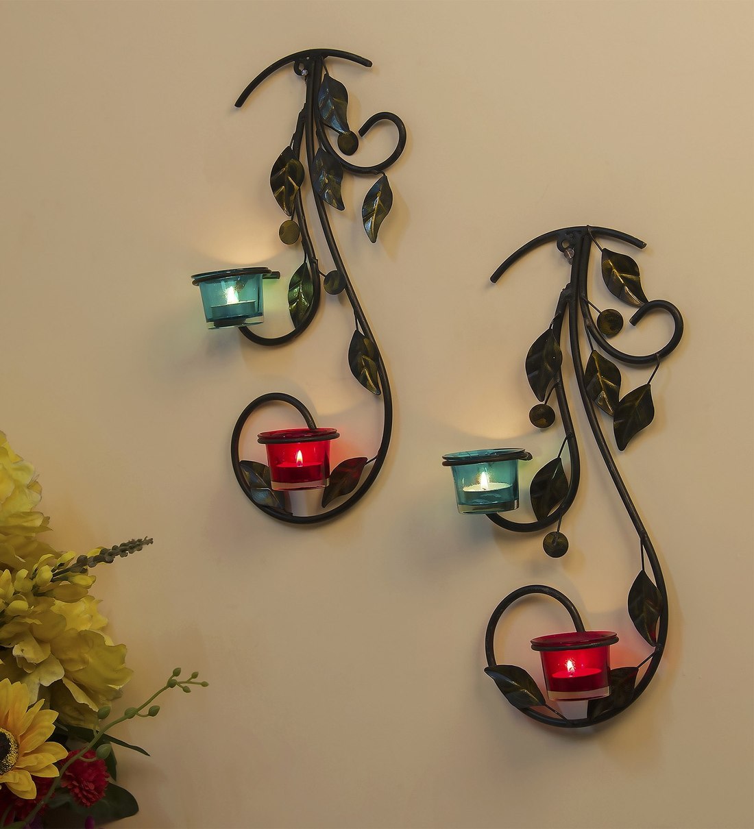 Buy Black Metal Wall Candle Holder Set of 2 by Homesake Online Wall