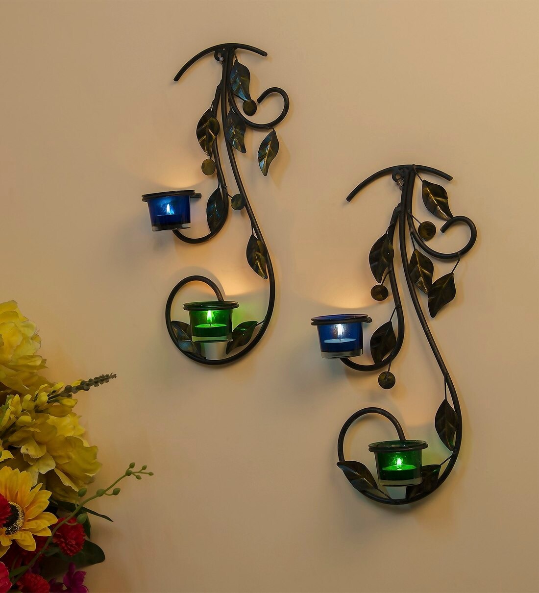 Buy Black Metal Wall Candle Holder Set of 2 by Homesake Online Wall