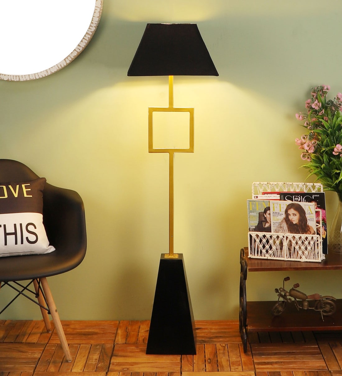Buy Hobart Black Cotton Shade Club Floor Lamp With Mango wood Base By