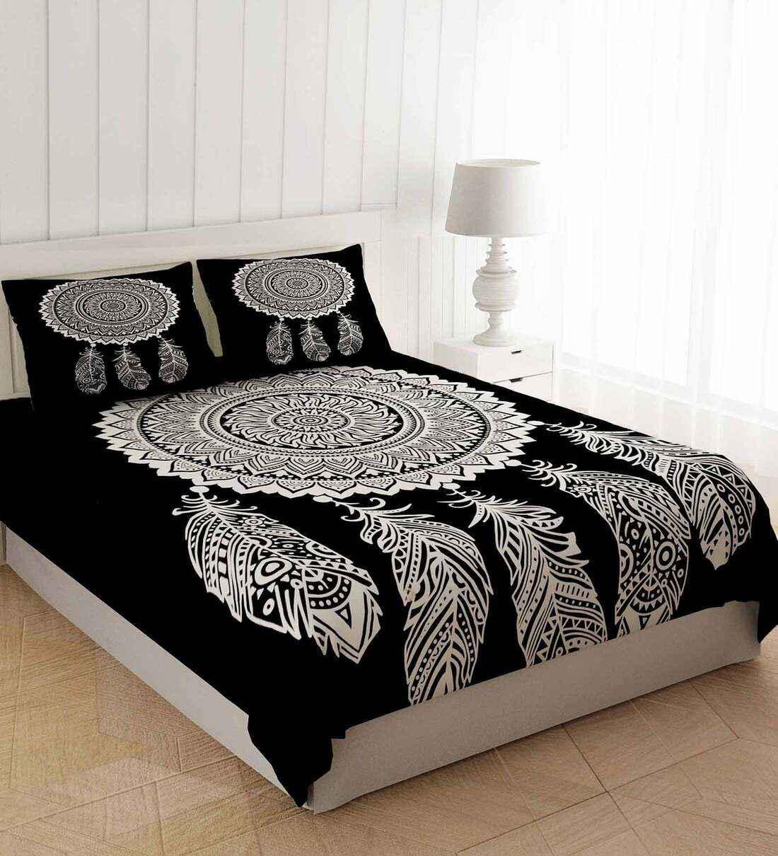 Buy Black Traditional TC 180 Cotton Double Bed Sheet With 2 Pillow