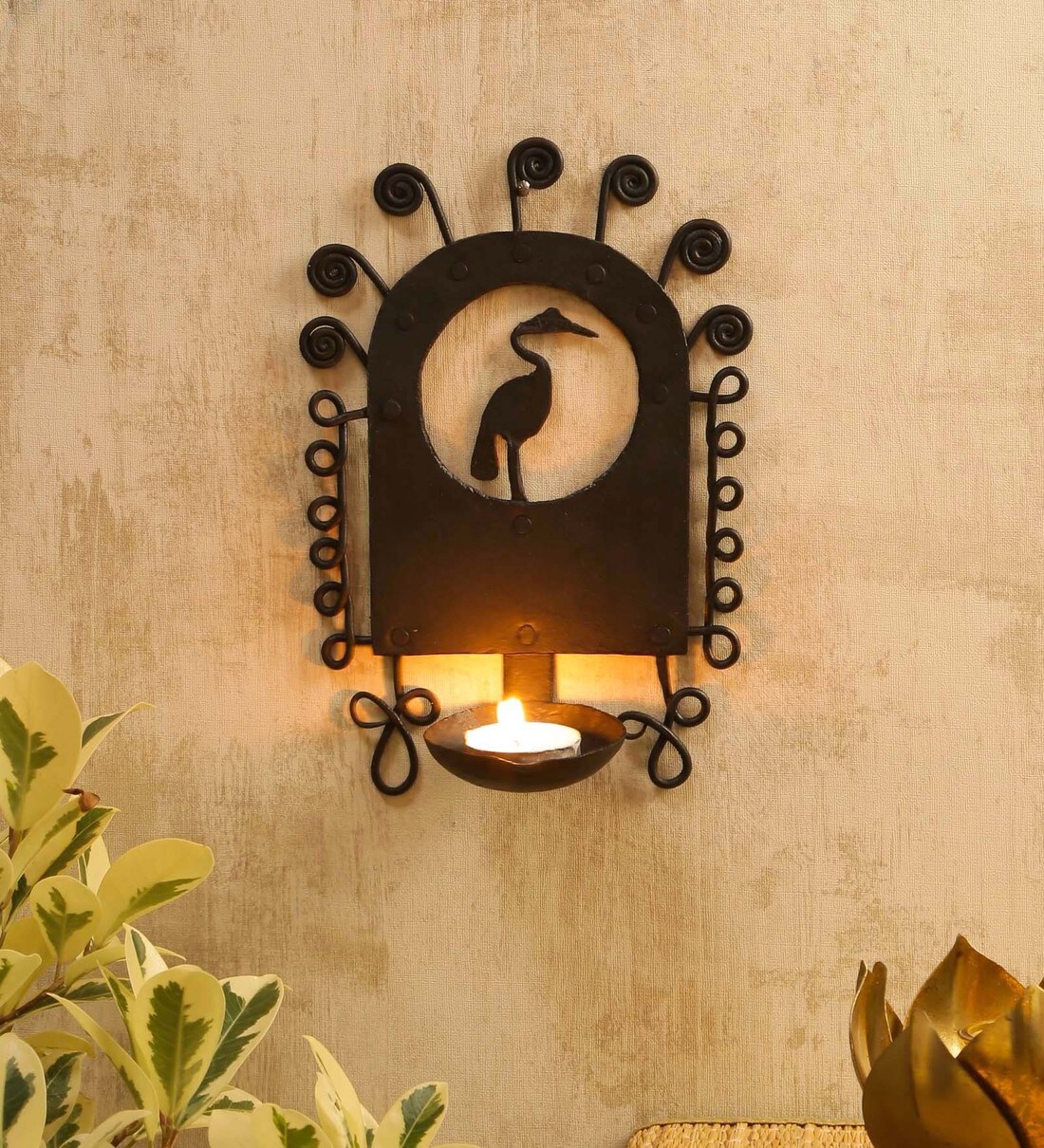 Buy Black Metal Wall Tea Light Holder by Chinhhari Arts Online Wall
