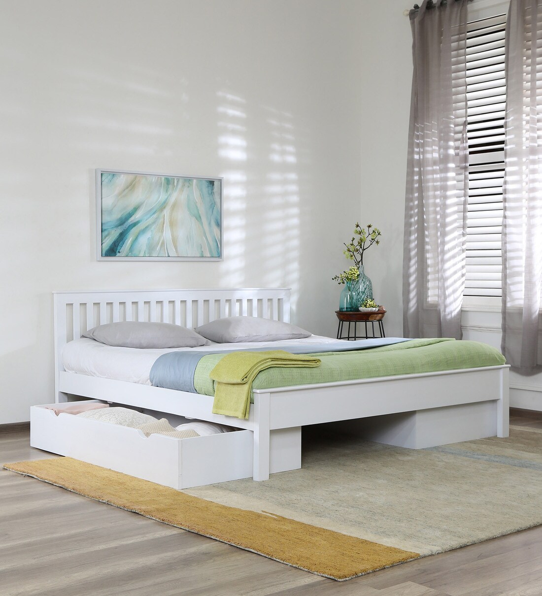 Buy Blanche Solid Wood King Size Bed With Drawer Storage In White
