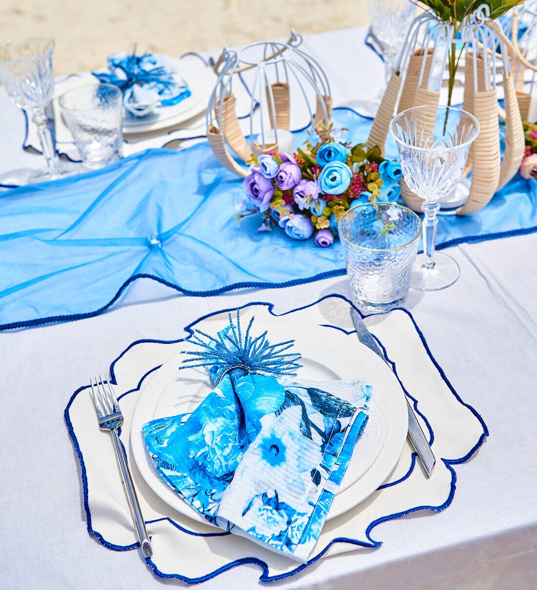 Buy Blue & White Canvas 52 Pcs (12 Seater) Table Linen Set by VPOP