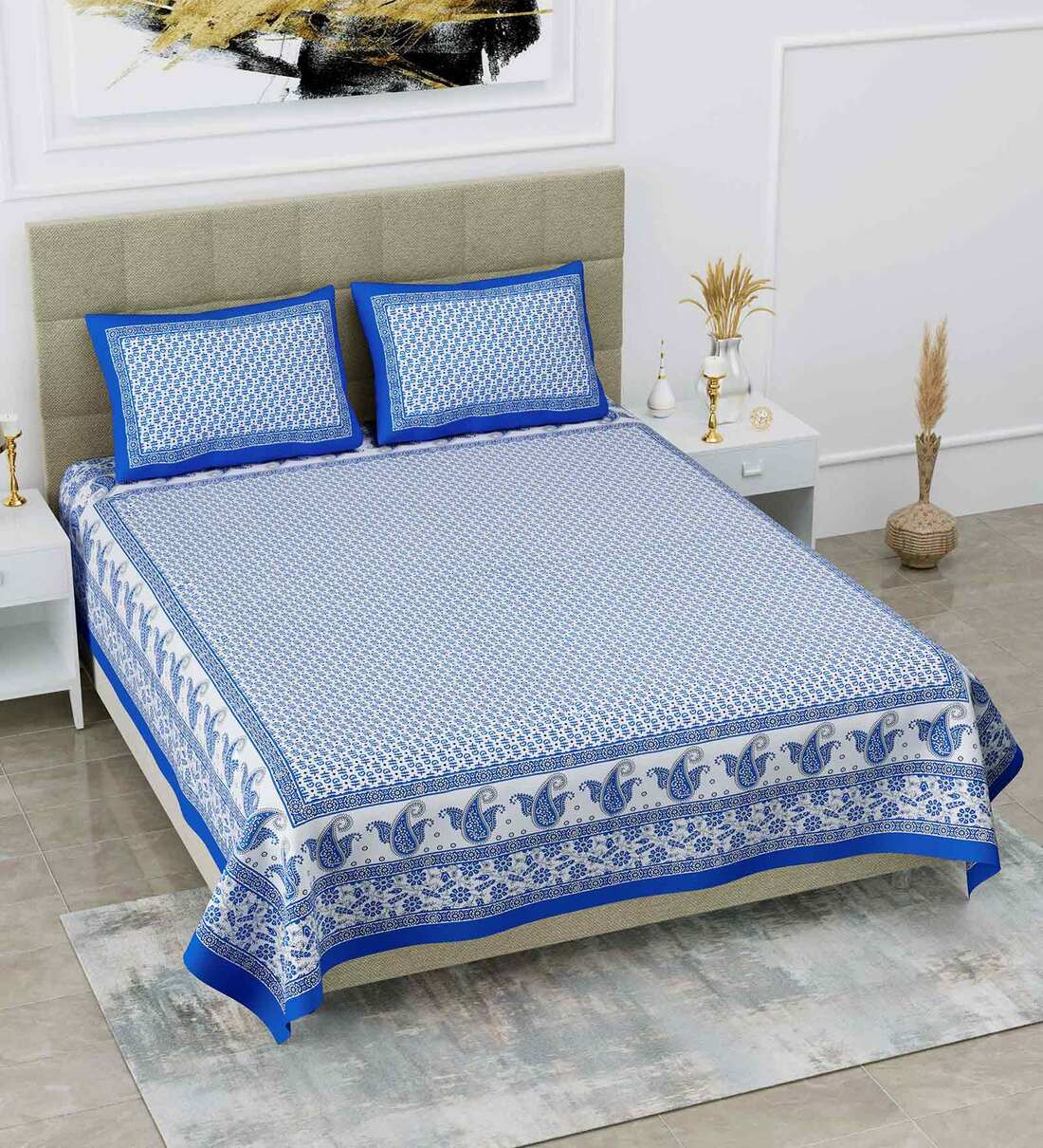 Buy Blue Traditional 108 TC Cotton King Sized Bed Sheets with 2 Pillow