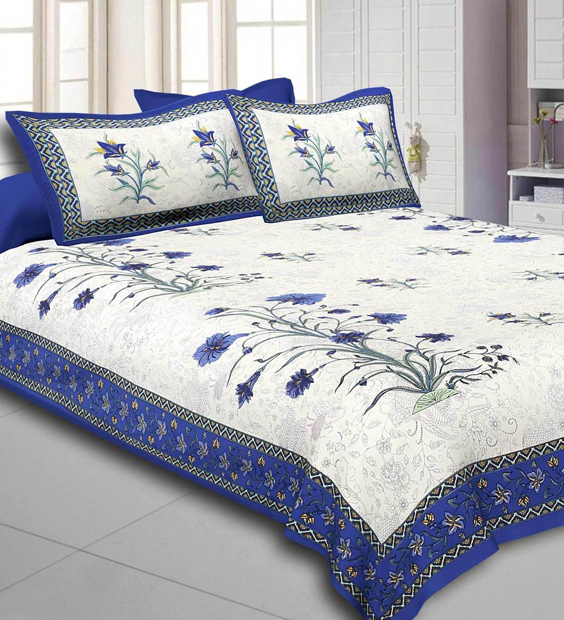 Buy White Floral 300 Tc Cotton 1 Double Bedsheet With 2 Pillow Covers