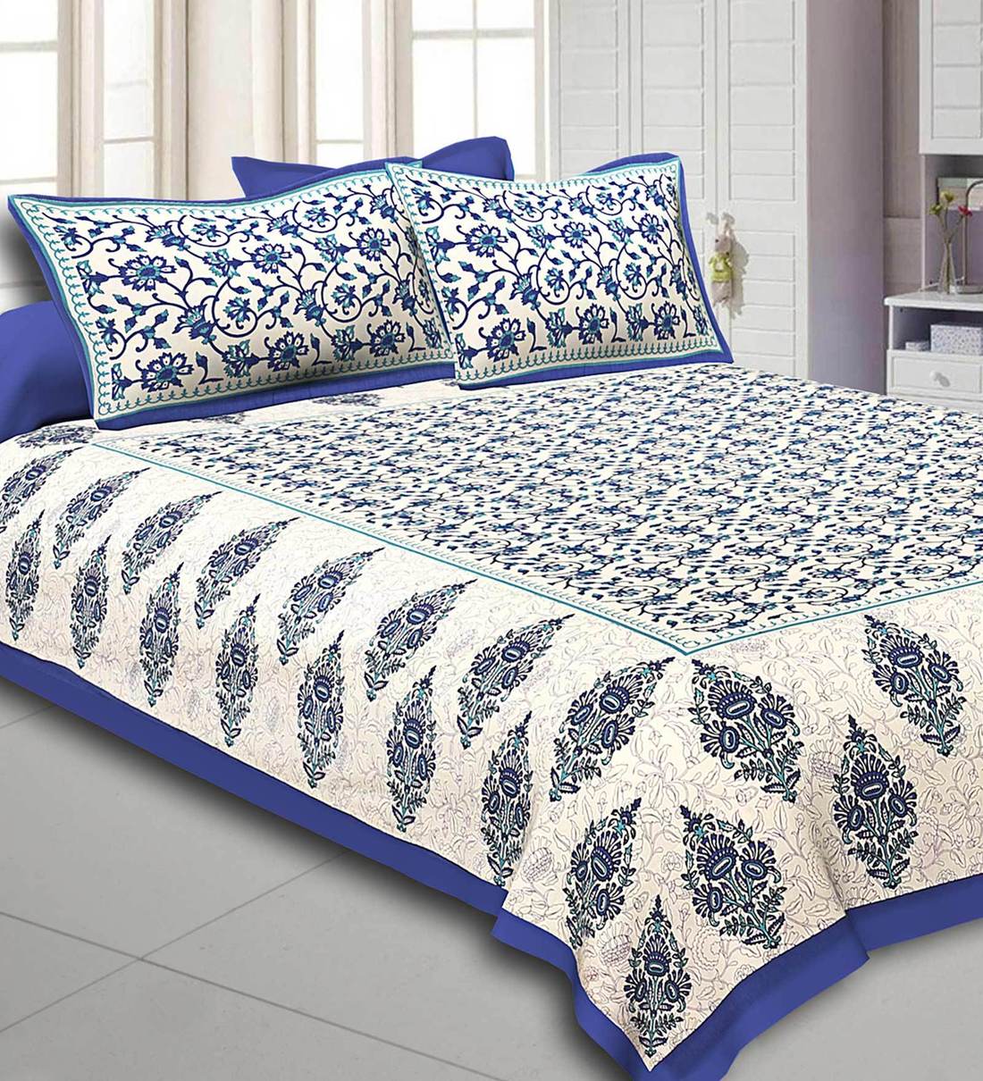 Buy Blue Traditional 300 TC Cotton 1 Double Bedsheet with 2 Pillow