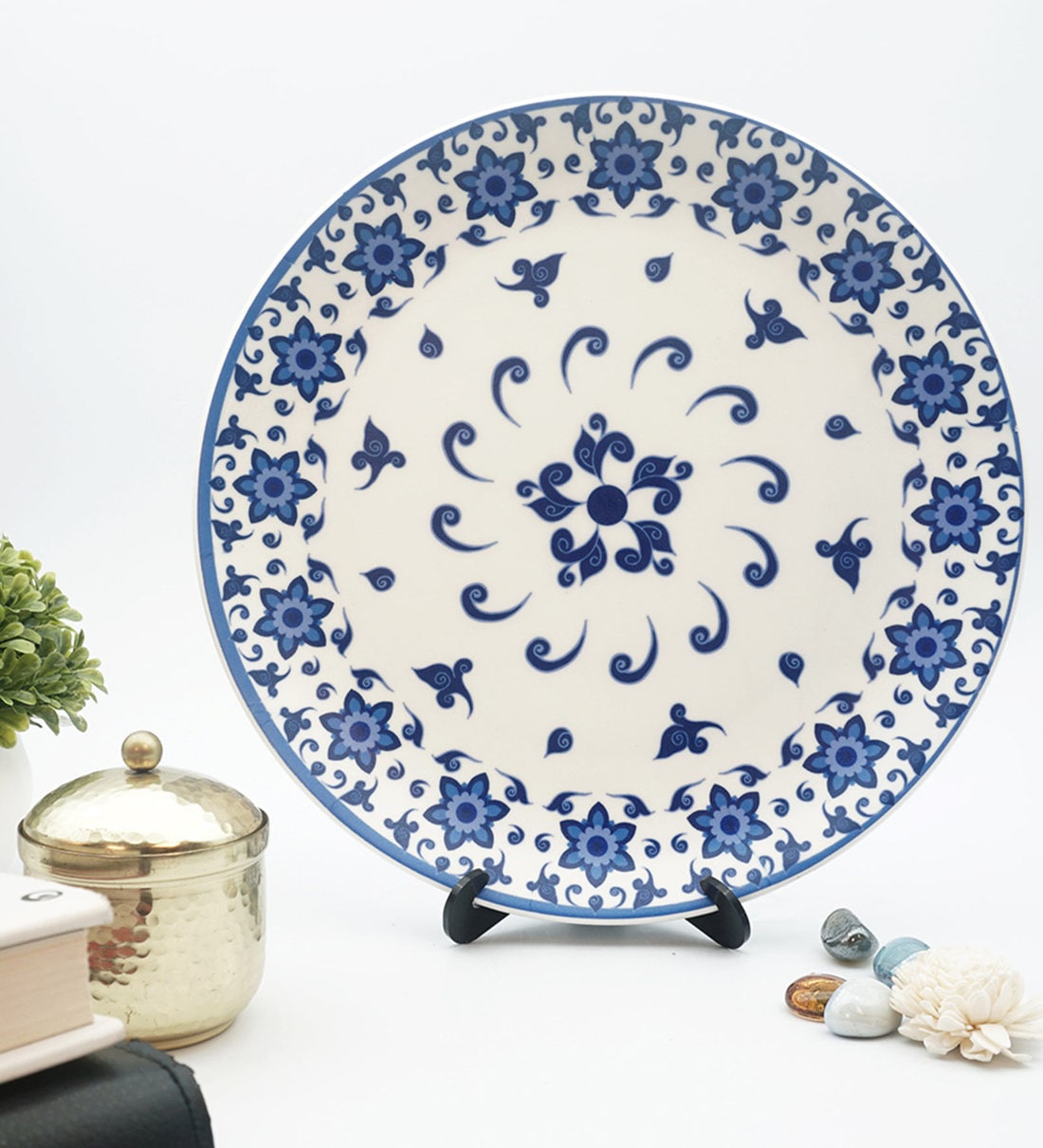 Buy Blue Ceramic Floral Blue Pottery Decorative Plate Showpiece By