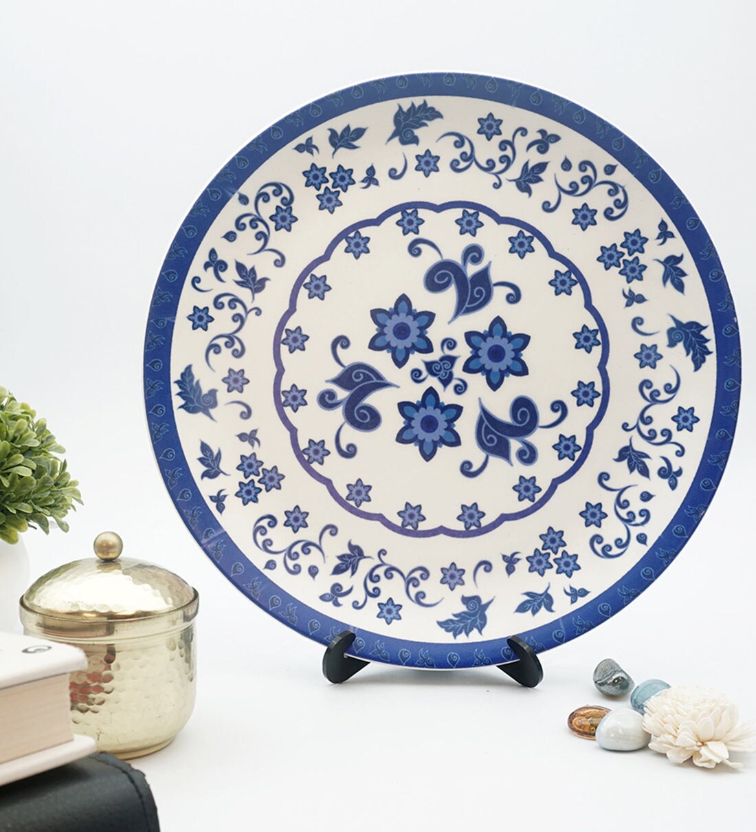Buy Blue Ceramic Floral Blue Pottery Decorative Plate Showpiece By