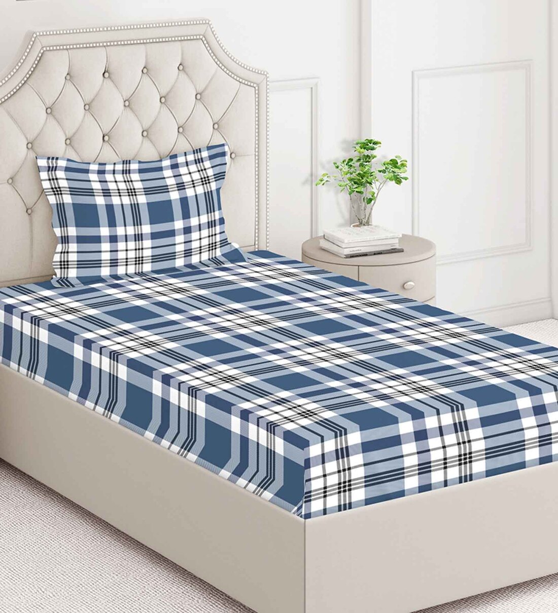 Buy Blue Checkered 225 TC Cotton and Polyester Single Bedsheet